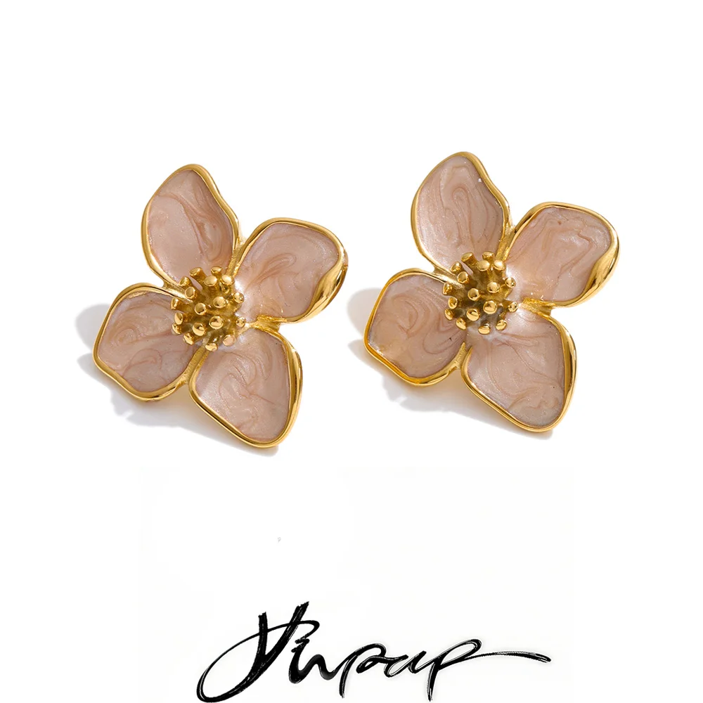 Yhpup 24*26mm Waterproof Stainless Steel Enamel Flower Stud Earrings for Women 16K Golden PVD Plated  Exquisite Jewelry Gift