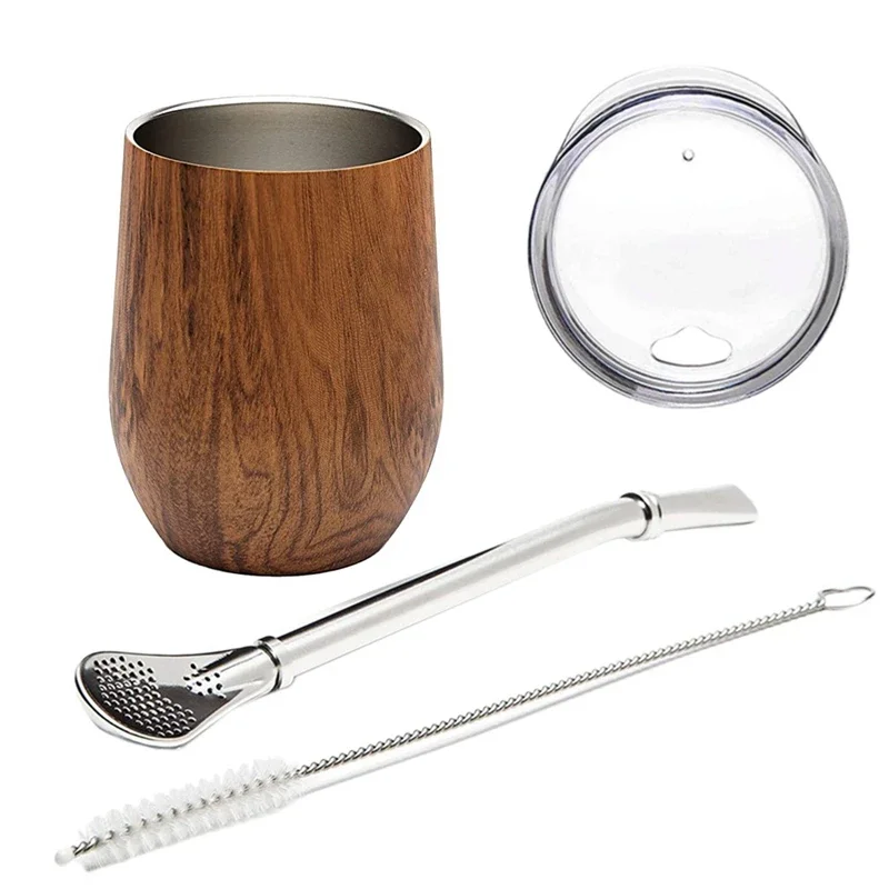 Yerba Mate Gourd Tea Cup Set 12Oz,Double-Wall Stainless Coffee Water Cup with Lid 1 Bombillas