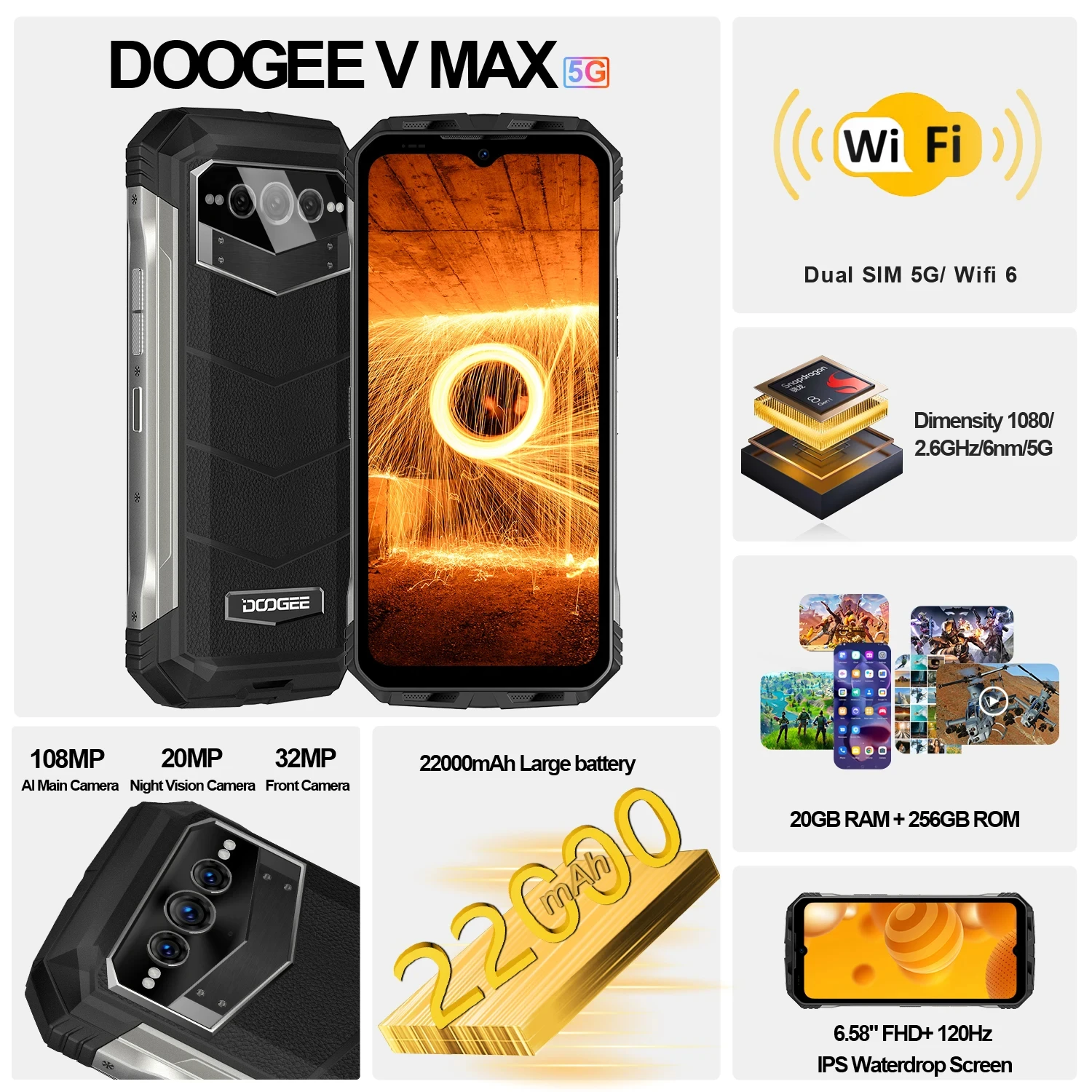 DOOGEE V Max 5G Rugged Phone 6.58" 120Hz Dimensity 1080 Hi-Res 108MP AI Main Camera 12GB RAM 256GB ROM 22000mAh