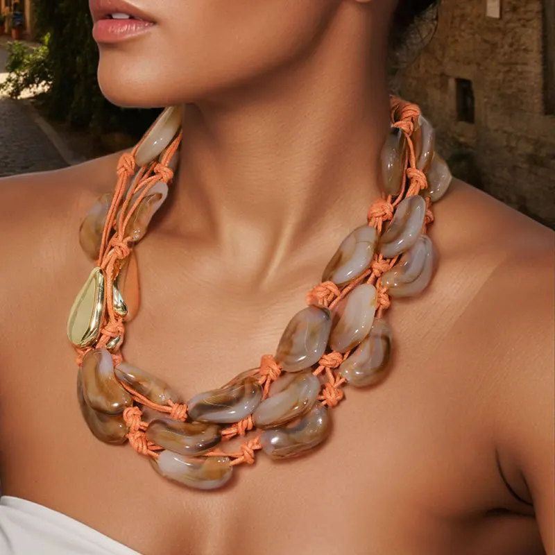 

New Retro-style Brown Beads Multi-layered Necklace,A Rope Braided Design For Clavicle,Wedding Party Handmade Jewelry Gift