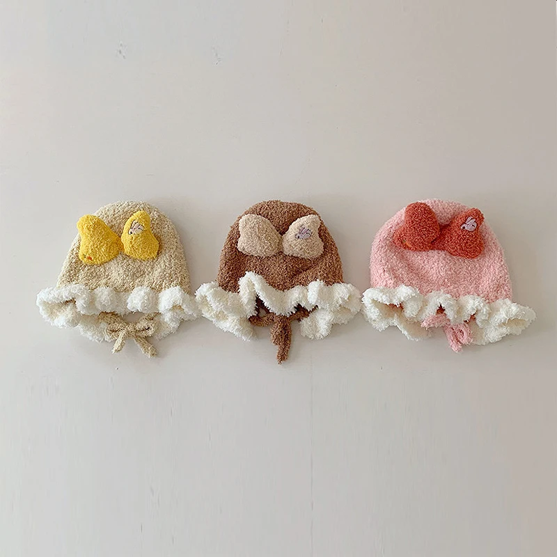 

Cute Coral Fleece Pullover Hat Princess Girl Big Bow Headgear Bonnet Winter Warm Baby Plush Beanie 1-2Year Kids Lace-up Bonnet