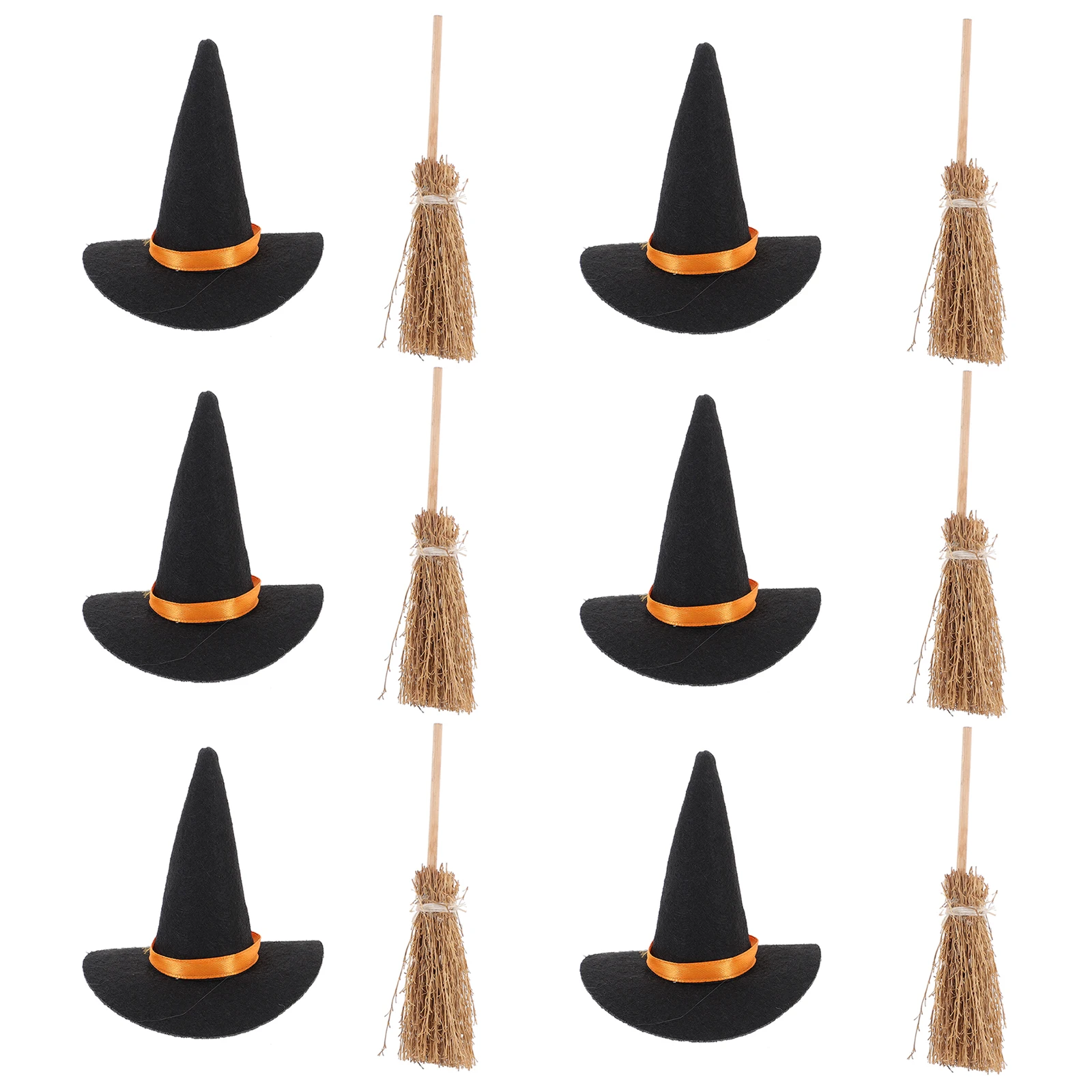 

6 set Mini Hats Felt 7Hats 7Brooms DIY Decorations Halloween Party Supplies Craft Small Witch Hats For Crafts Accessories