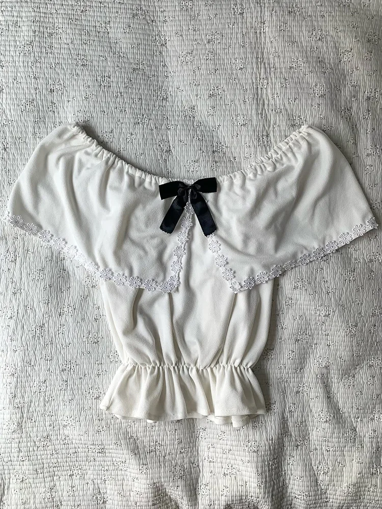 

Slimming White Bow Knot Design T-irt Women's Original Vintage Sle Cotton Blend ort Sve Casual Summer Top