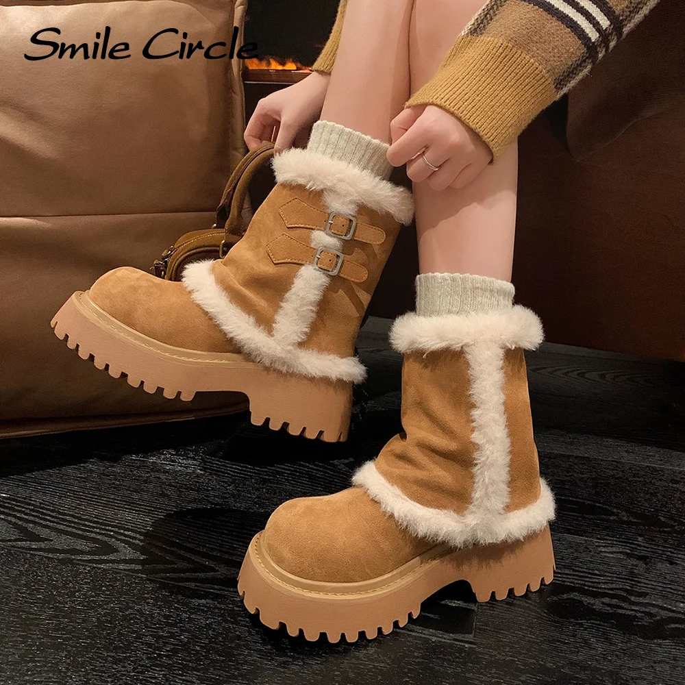 Smile Circle Women Snow Boots Suede Leather Plush platform Boots Winter Warm simple and versatile Casual Boots