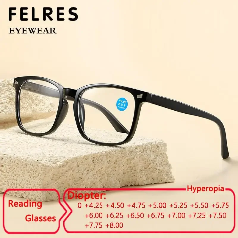Quadratische Designer-Lesebrille für Herren und Damen, Federscharnier, fertige Presbyopie-Brille, Leser, hohe Dioptrien + 4,5 5,5 6,5 7,0 8,0