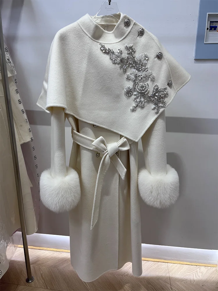 

2025 New Women Ladies Natural Real Fox Fur Coat Cashmere Wool Woolen Jacket Oearl Flower Winter Warm Outerwear