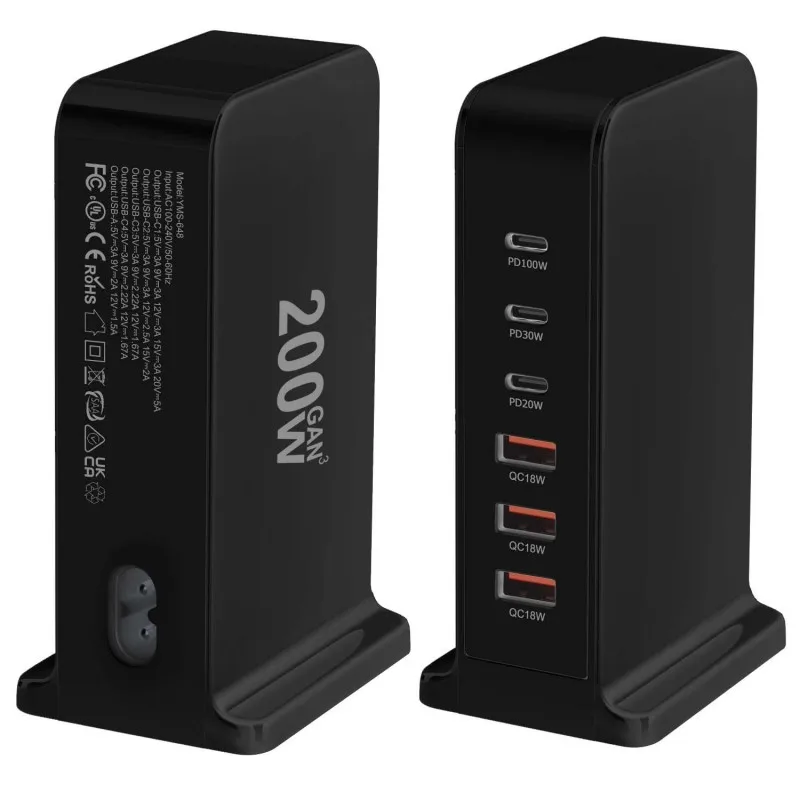 200W 168W Desktop GaN Quick PD Charger 6 Ports USB Type C USA EU AUS UK Plug Adapter Mobile Phone Laptop PC Charging Dock Stand