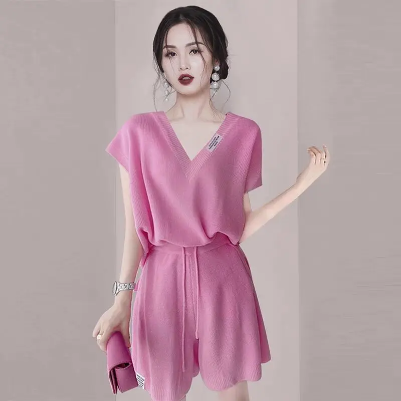 2025 Summer New Casual Temperament V-neck Short Sleeve Short Sets Female Simplicity Knitting Two-piece Suit Elastic Waist Sets