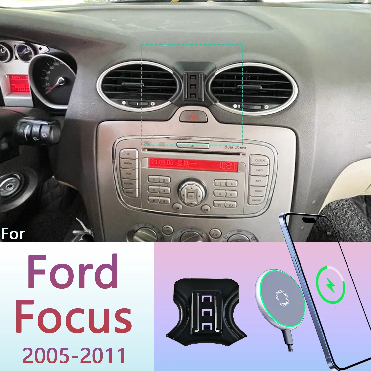 For Ford Focus MK2 2005 2006 2007-2011 Magnetic Phone Holder 15W Wireless Charging Phone Stand MagSafe Phone Support Custom Base
