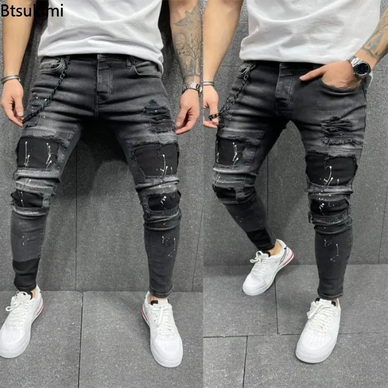 2026 New Men's Hole Ripped Skinny Jeans Spring Autumn Vintage Stretchy Slim Denim Trousers Male Casual Pencil Pants Streetwear
