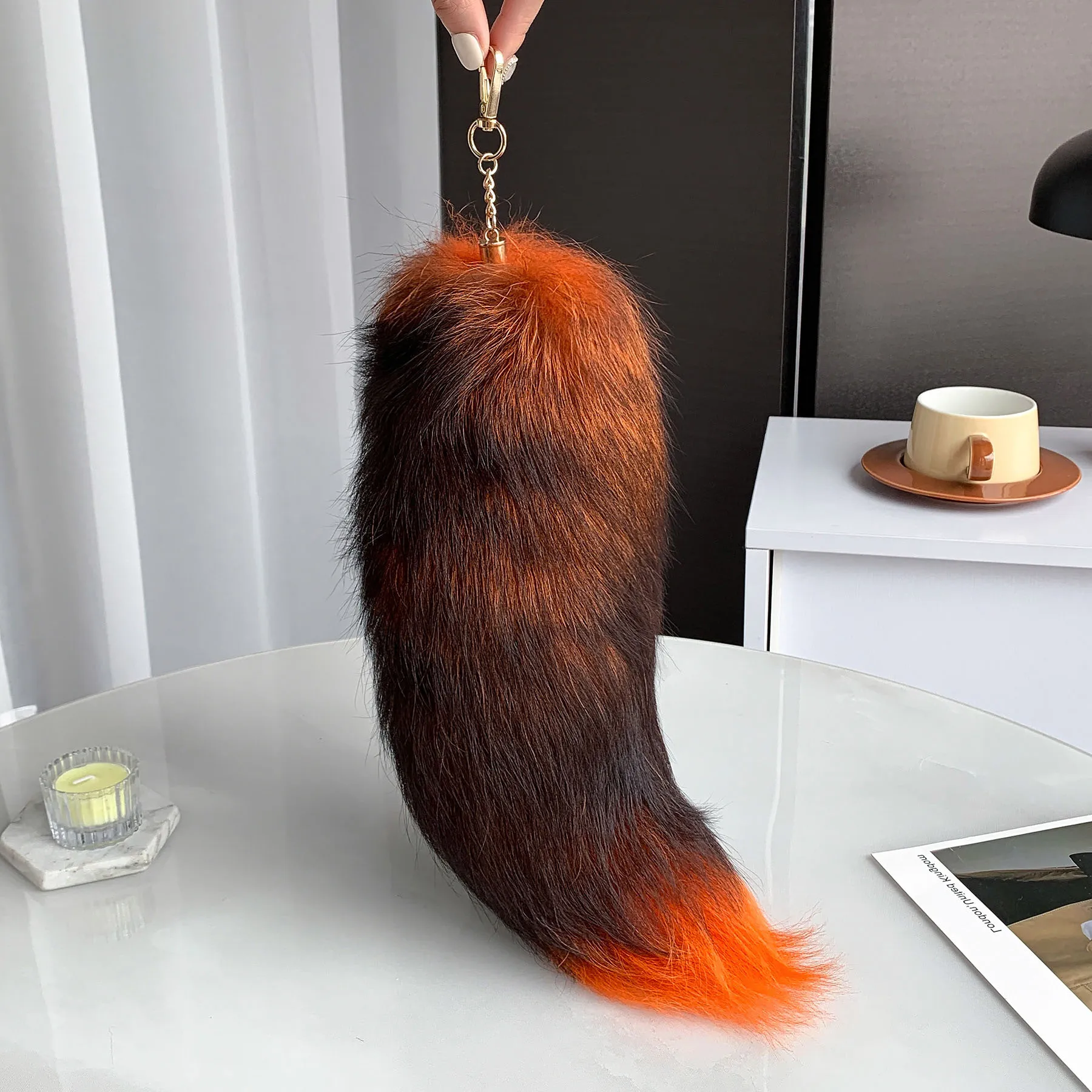 40cm Large Fox Tail Keychain Wolf Tail Fur Tassel Bag Charm Tag Black And Brown Pom Pom Charm Keyring Fluffy Real Fur Key Chain