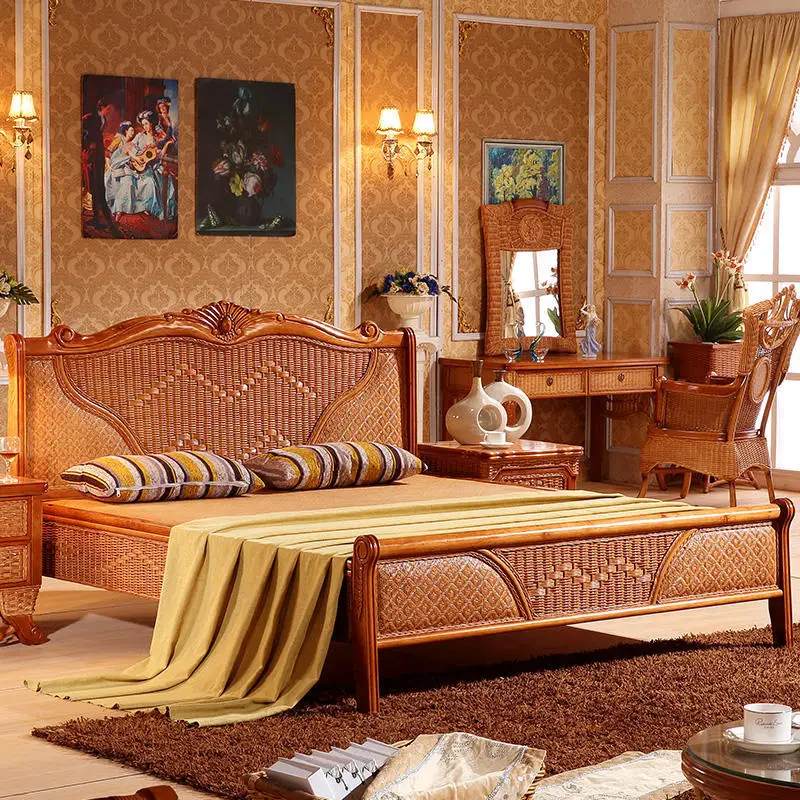 

South East Asia Rattan Furniture Hotel Rattan Bed European True Rattan Double Bed 1.8 meters King Solid Wood