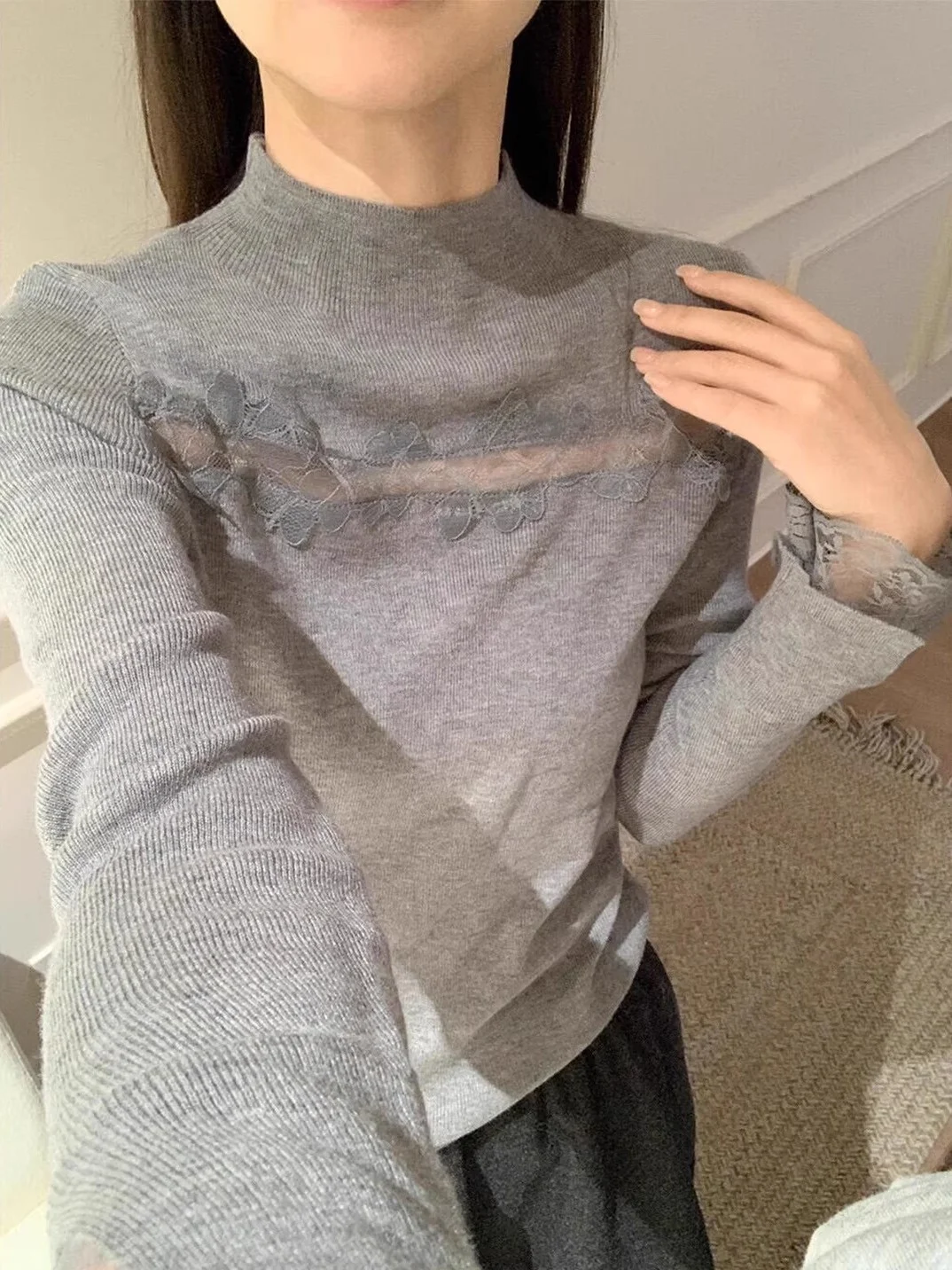 

ay Korean Sle Knitted Base irt Women's Autumn Winter Hollow out Lace Splicing Top f High Collar Luxury Sensation