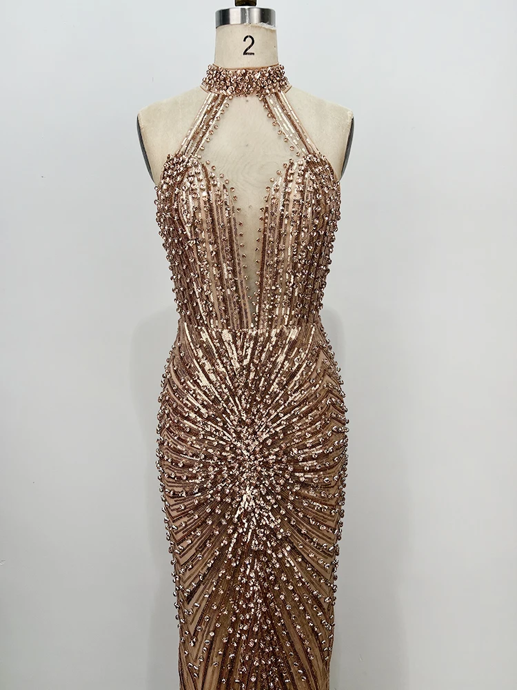 أزياء فاخرة الذهب الترتر الرسن الرقبة حزب ثوب رسمي حفلة موسيقية Bodycon حورية البحر اللباس لحفلات الزفاف والمناسبات الخاصة