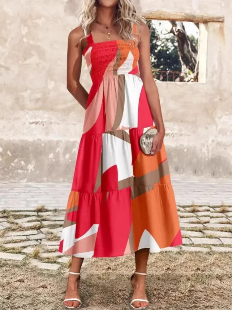 

Orange Pattern Square Collar Wide Shoulder Strap Shirt Ruffle Waist Holiday Dress Women's Summer A-line Slimming Long Dresses