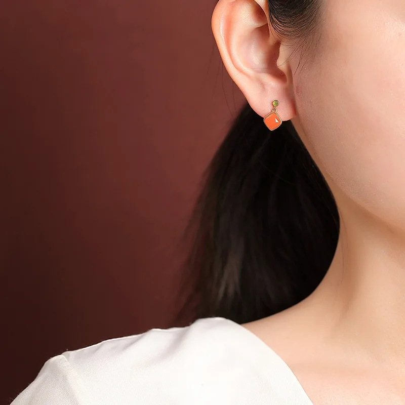 S925 Sterling Gold-Plated Red Agate Amber Rhombus Earrings Elegant Square Silver Ear Jewelry 4