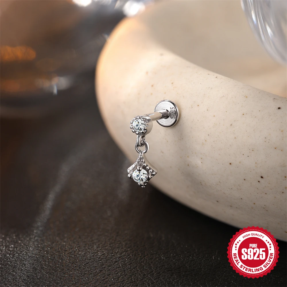 ROXI Moissanite 925 Sterling Silver Geometric Tassel for Women Flat Back Piercing Earring Stud Helix Flower Pendant Fine Jewelry