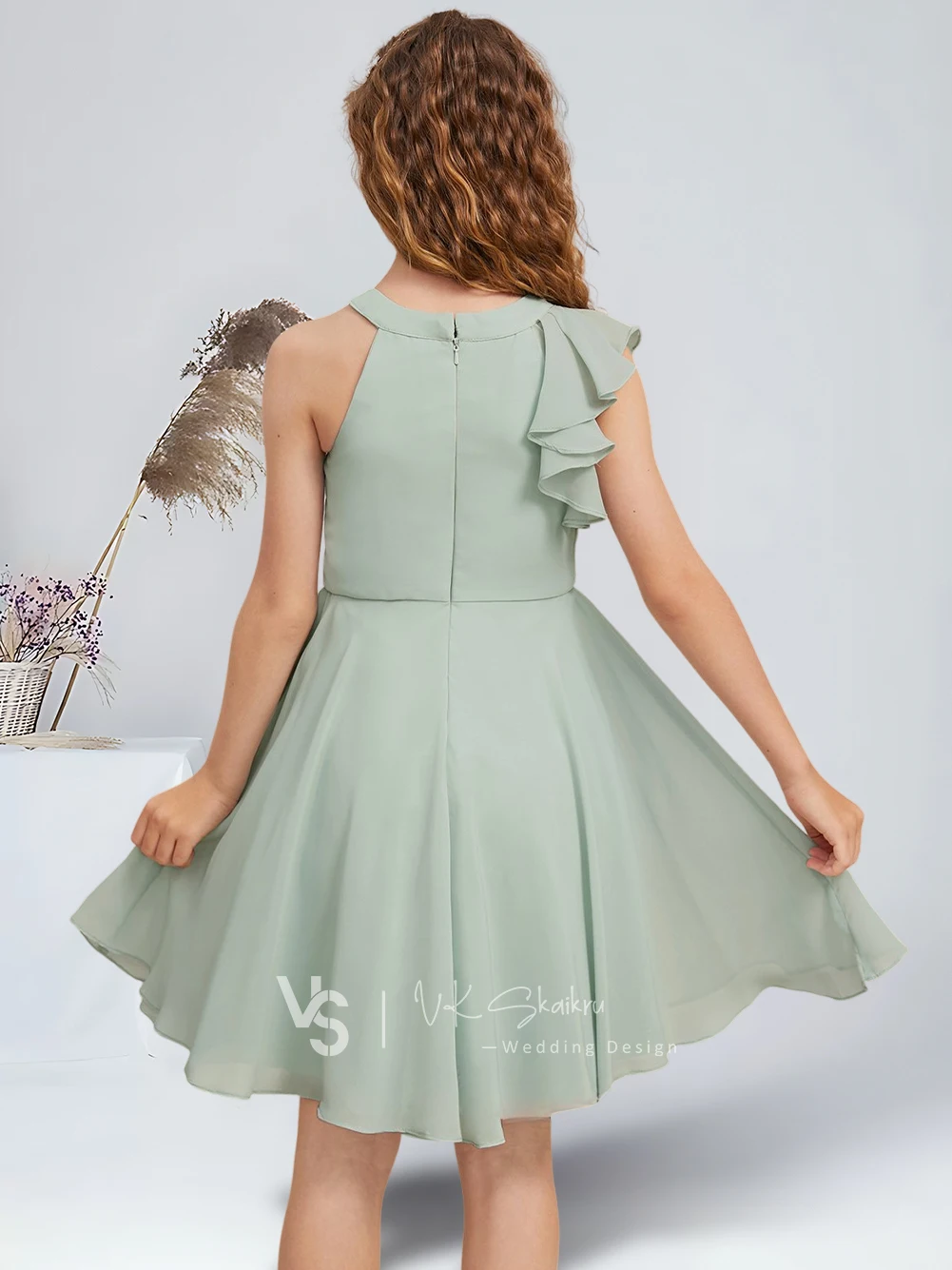 Elegant A-Line Halter Knee-Length Chiffon Junior Bridesmaid Dresses Agave Charming Flower Girl Dresses Party Wedding Kids Dance