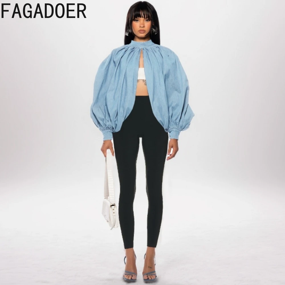 FAGADOER Fashion Denim Bubble Sleeve Shirts Women Round Neck Long Sleeve Hollow Design Tops Casual Lady Solid Color Streetwear