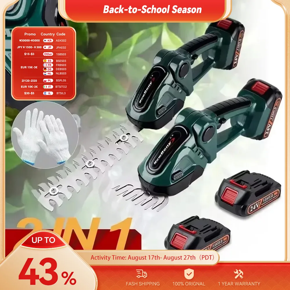 NEWBENY 2 IN 1 Palmare Tagliasiepi Elettrico Attrezzo Da Giardino 24V Cordless Ricaricabile Per Uso Domestico Arbusto Diserbo Potatura Tosaerba