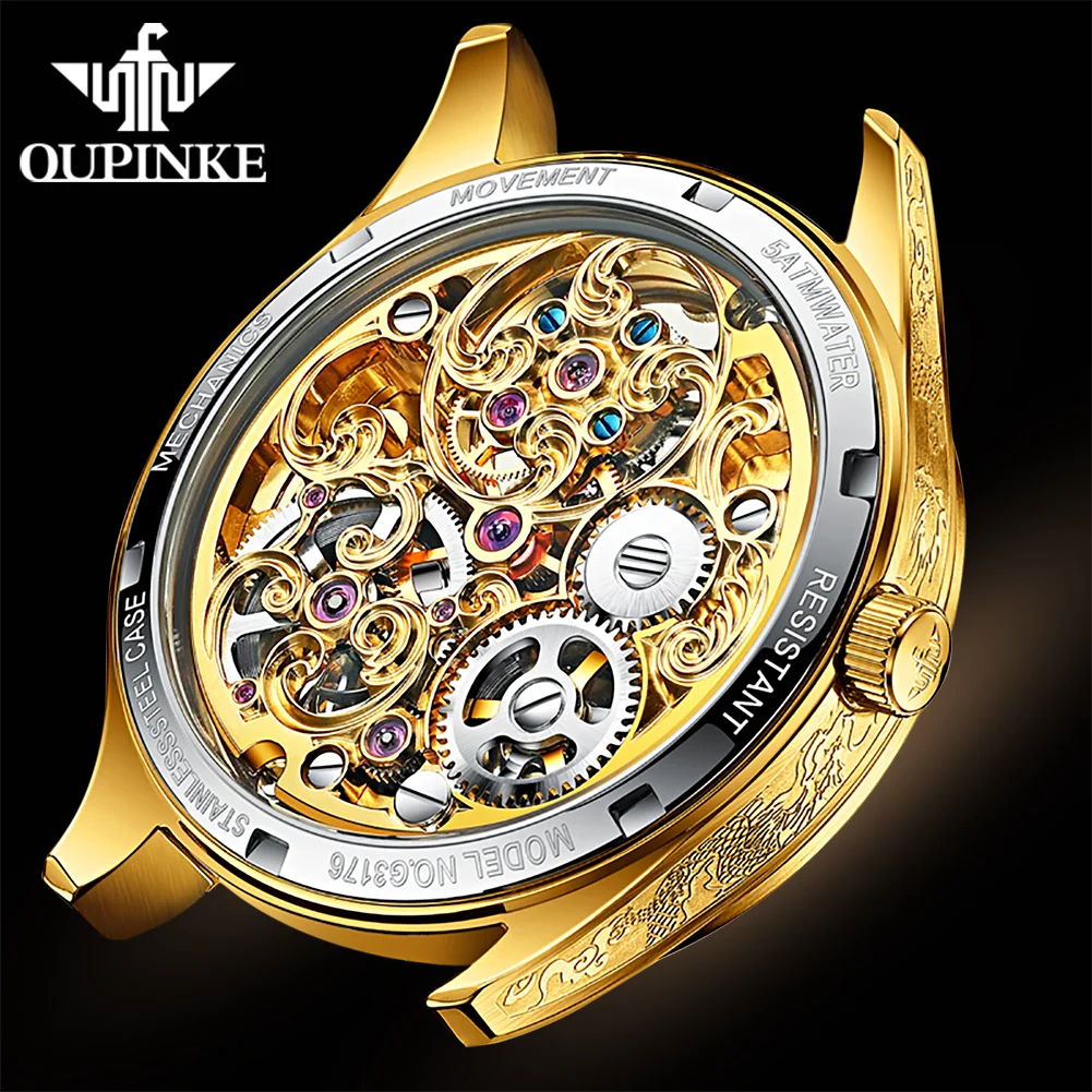 OUPINKE 3176 Luxury High end Fully Automatic Mechanical Tourbillon Watch Full Golden Dragon Dial Watch Sapphire Mirror Men Watch