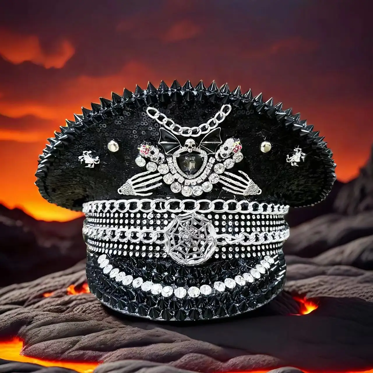 Steampunk Festival Captain Hat Masquerade Unisex Adult Military Cap Rhinestone Skull Halloween Hat Handmade Polyester Headwear