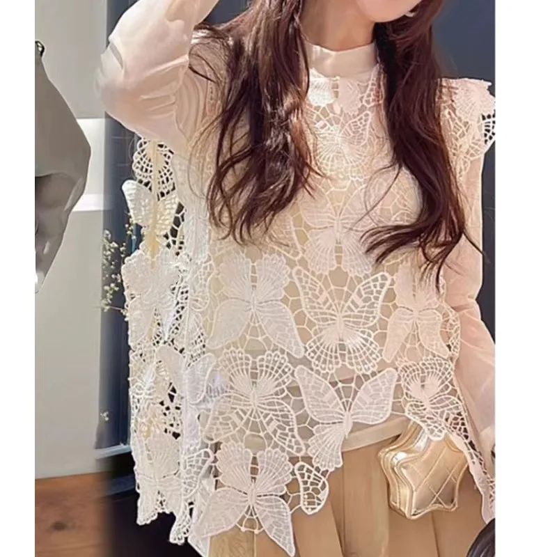 New Lace Butterfly Embroidery Hollowed-Out Vest For Women Sleeveless Waistcoat Blouse Female Tops Free Shipping