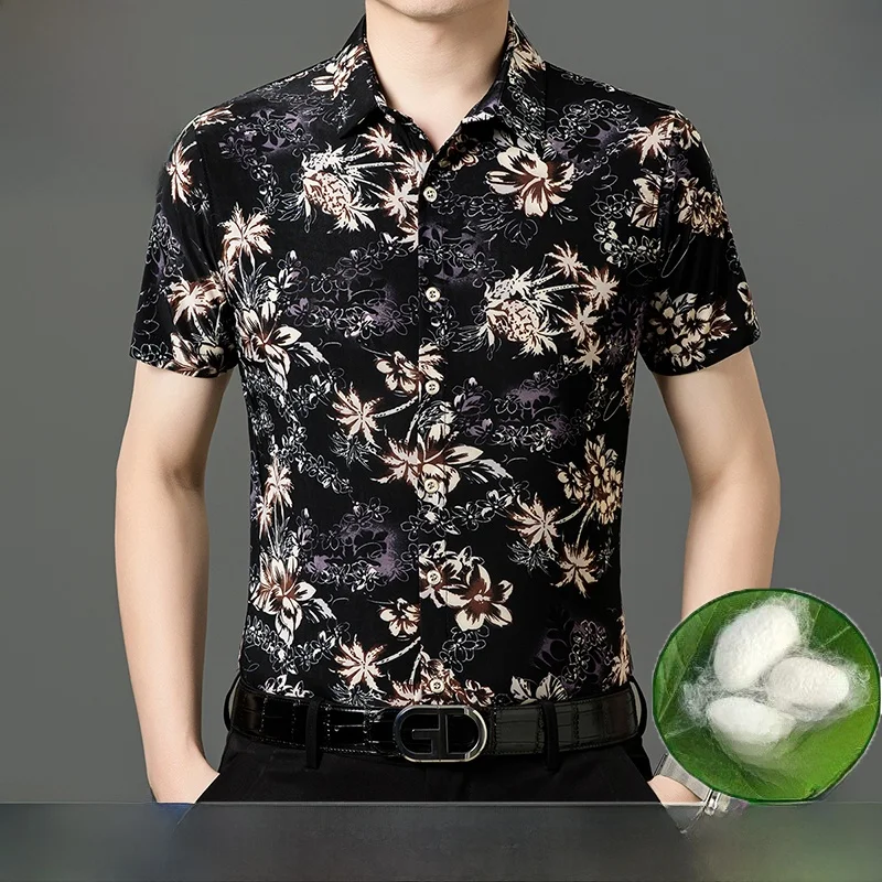 

Summer High-End ort Sve Silk irt Men's Busin Casual Dad Thin Printing Middle-aged irt Luxury Feel Stand Fit Pr...