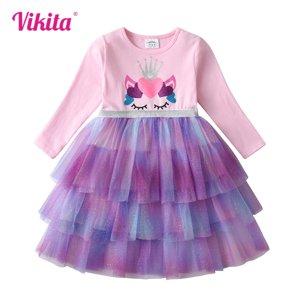 VIKITA Girls Unicorn Cartoon Print Dress Kids Long Sleeve Autumn Spring Pink Dress Girls O Neck Mesh Tulle Tutu Layered Vestidos