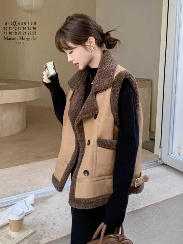 Maillard Brown Fur One Lambswool Vest Coat Women's Winter New Short Fashionable Elegant Thickened Coat Cotton Coat  Vests