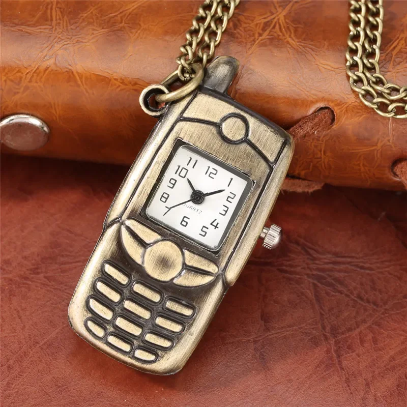 Bronze Mobile Phone Shape Men Women Quartz Pocket Watch Pendant Necklace Chain Small Size Timepice Arabic Number Clock