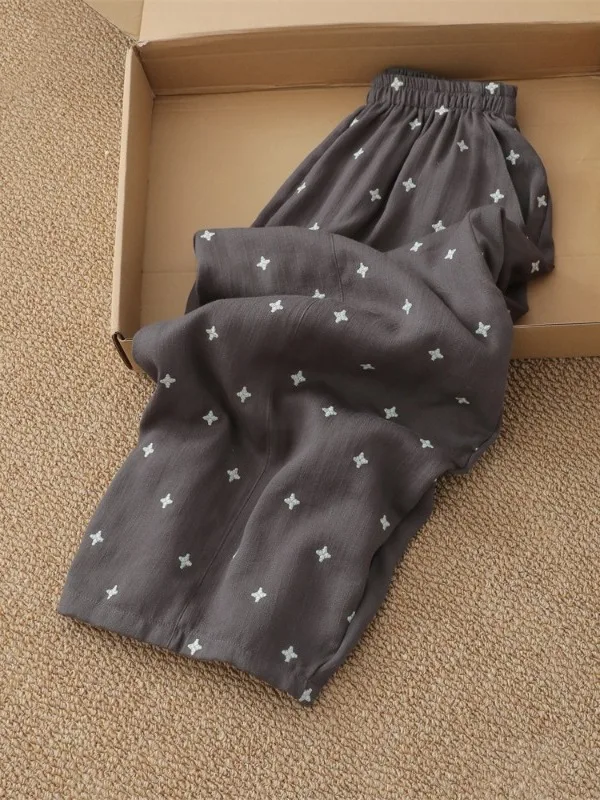 Pantalones Anchos de Lino con Bordado Floral Retro Gris para Mujer, Pantalones Pitahaya Casuales de Verano con Cintura Elástica y Estilo Delgado