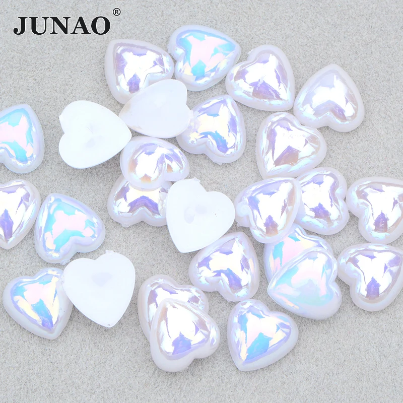 JUNAO 12mm 100Pcs White AB Heart Pearl Flatback Pearl Half Pearls Imitation Beads For DIY Crafts Wedding