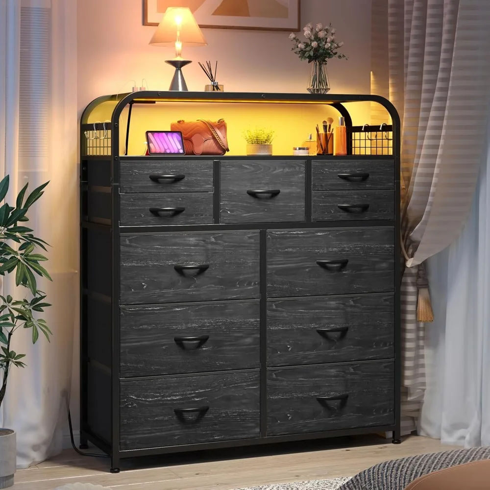 LED Lights & Charging Station, Dresser for Bedroom with 2 Tier Shelves & 4 Hooks, 11 Drawers Dresser, Closet, Living Room