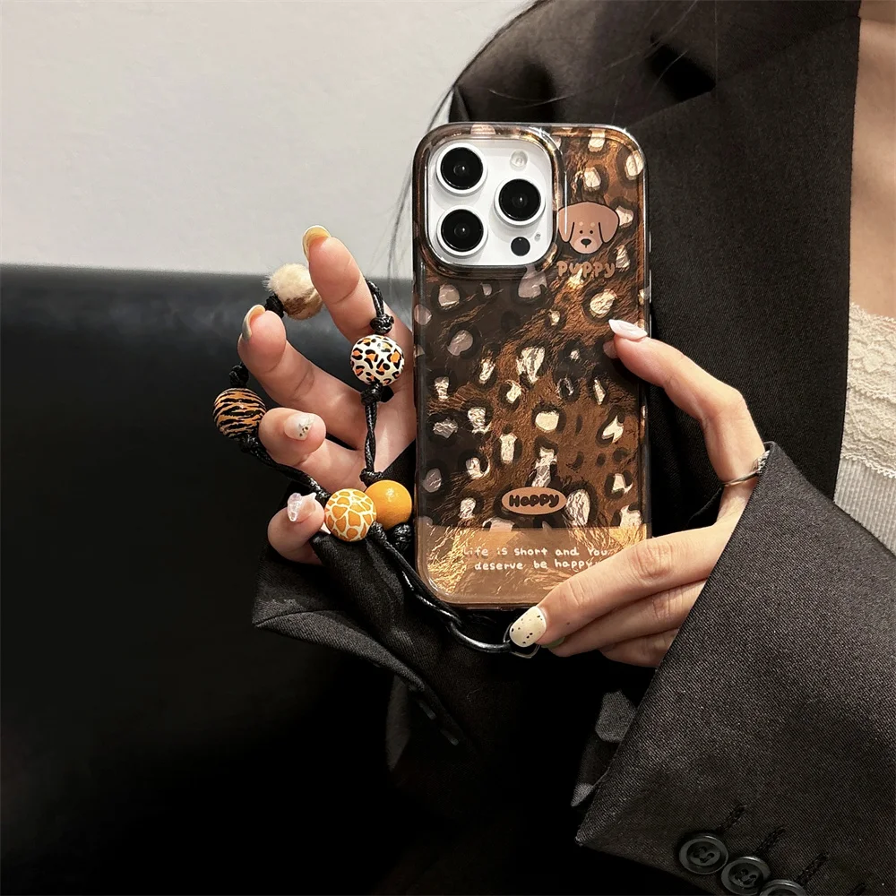 Fashion Retro Leopard print Bracelet Soft Silicone Phone Case For iphone 16 15 14 13 12 11 Pro Max Plus INS Shockproof Cover image 5