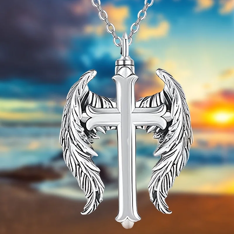 الصليب أجنحة مجوهرات جنائزية للرماد جرة قلادة قلادة تذكارية لرماد الإنسان من أحبيقين قلادة تذكار للرجال Wo #3
