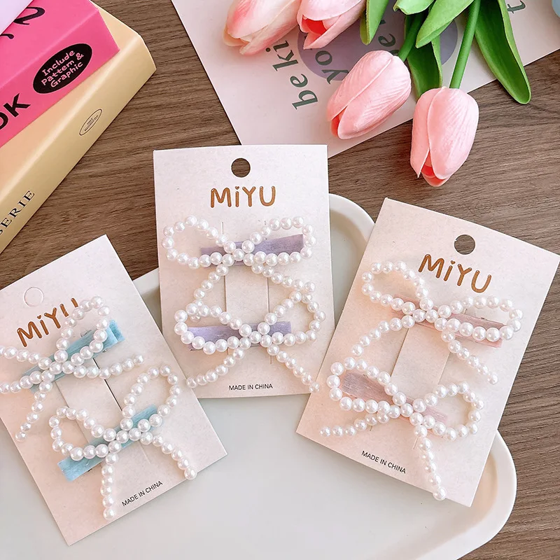 

Большие заколки для волос с жемчугом в корейском стиле, боковые заколки с бантом и бисером для девочек, свежие эстетические нескользящие аксессуары для волос с лозой