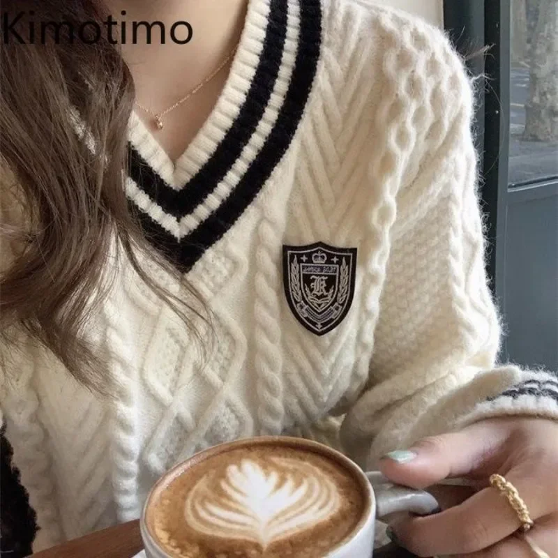 Kimotimo Preppy Style Twist Sweater Women V Neck Patch Striped Long Sleeve Pullover Autumn Winter Thick Sweet Loose Knitted Tops