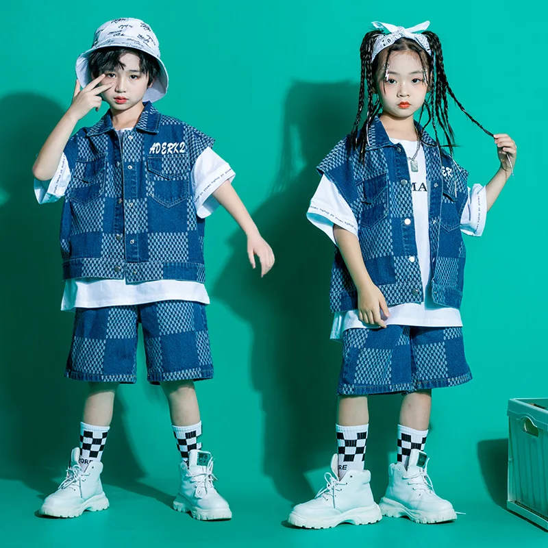 Junge Mädchen Jazz Dance Kostüme Schachbrett Denim Anzug Hip-Hop Street Dance Kleidung Ballsaal Tanzen Kleidung Bühne Outfits