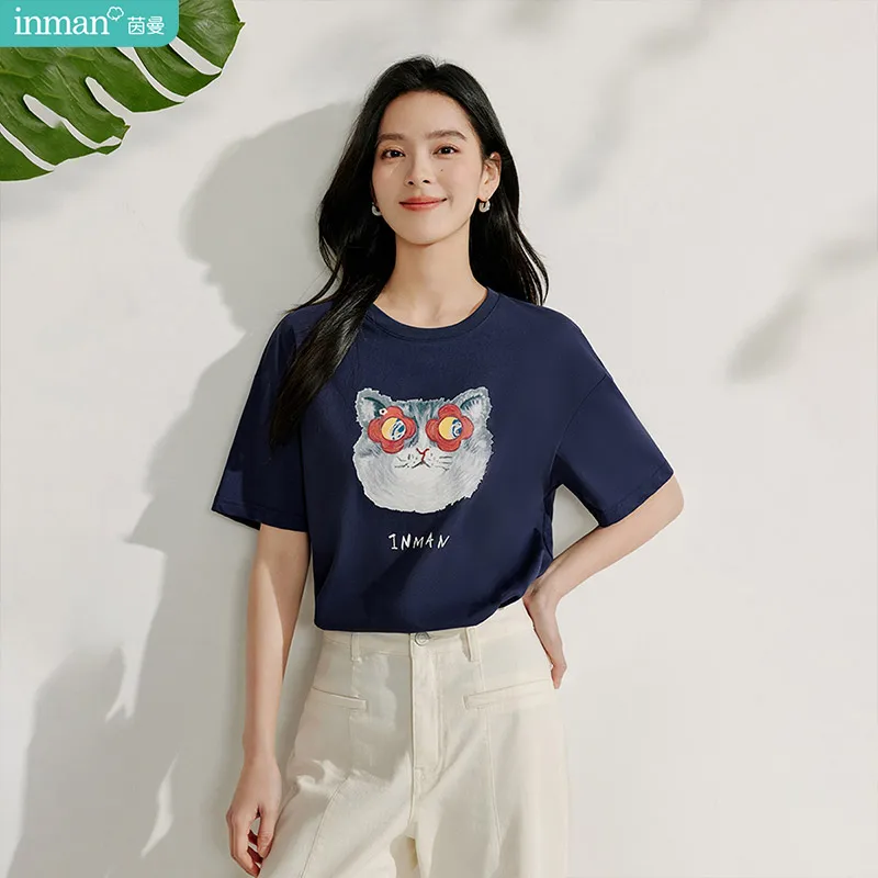 

Inman Women's 2025 Summer New Casual Cute Pet Short Sleeve T-Shirt - Loose Fit Printed Dark Blue Top