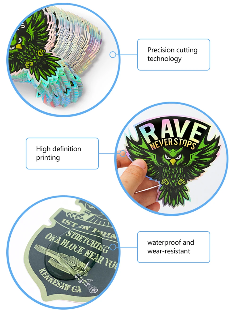 Holographische Aufkleber mit individuellem Logo, wasserdicht, Laser-Silber, Anime, gestanztes Vinyl, transparent, für Laptop, Skateboard, Auto, Hochzeit – Detail 7