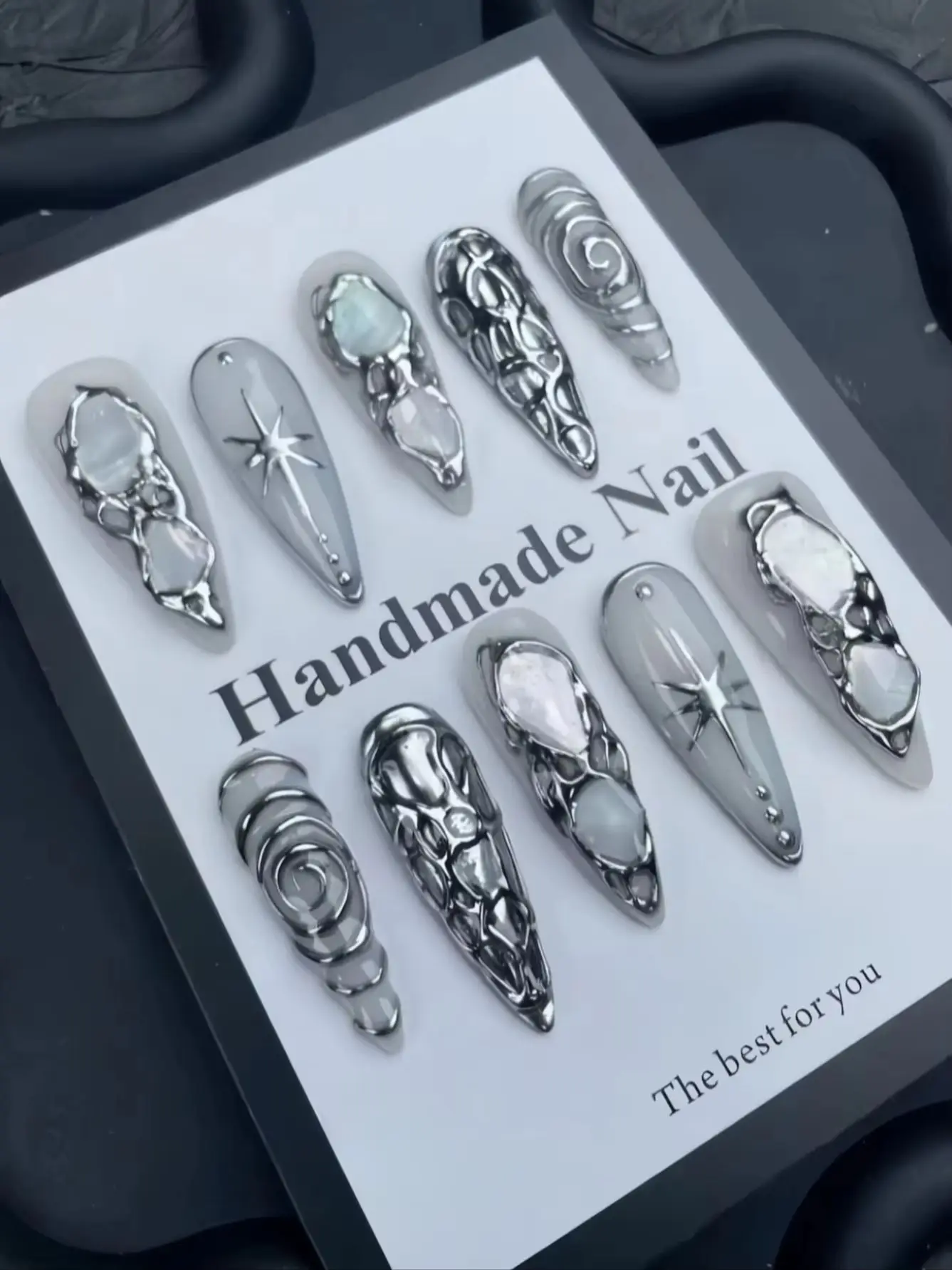 10-Piece Set of Cyber Millennium Gothic Style, Liquid Silver 3D Texture, Iridescent Mother-Of-Pearl, Star Decorations, Party Long Almond-Shaped False Nails