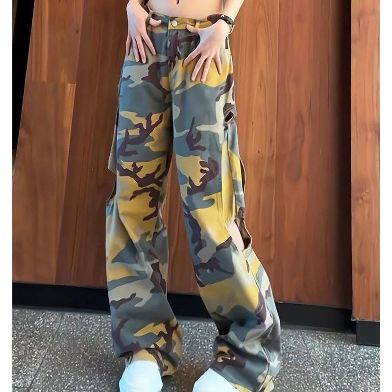 Spring Summer New Camouflage Printing Wide Leg Trousers Women High Street Casual Loose Button Pocket Patchwork Hollow Out Pants