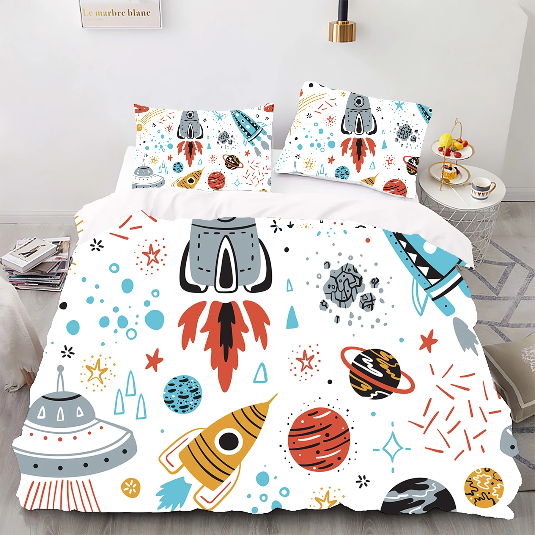 Cartoon rocket ship style Digital Print Duvet Kit - Polyester - Bedroom Decor -1 bed cover +2 pillowcases (no pillow core)