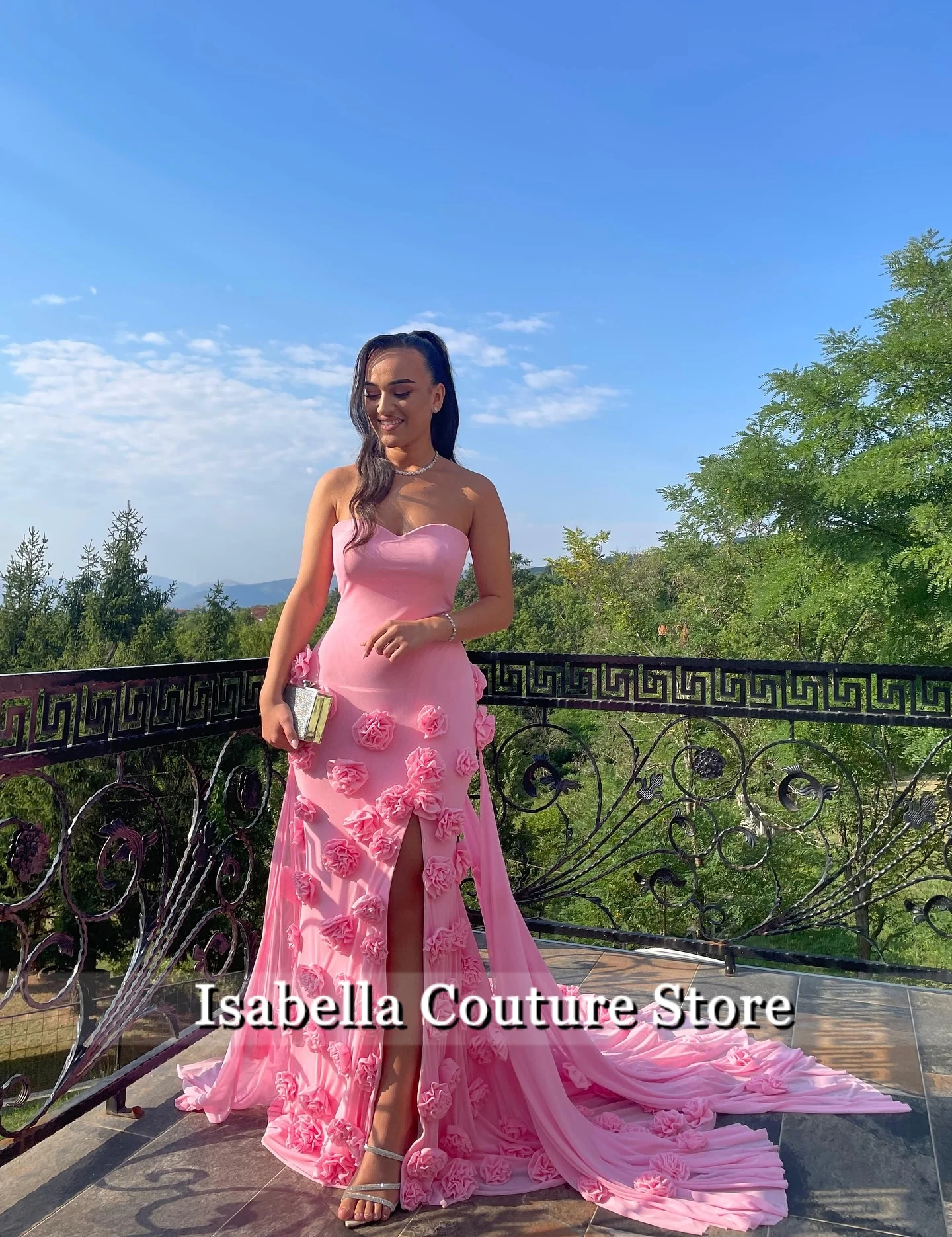 

Elegant Pink Strapless Evening Dresses 2025 3D Flower Wedding Dresses Prom Gown فساتين سهرة Formal Gown Customized