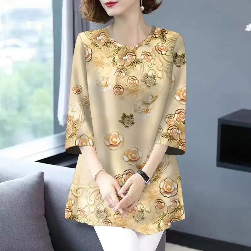 Vintage 2024 Summer Women\'s New Pullover O-Neck Patchwork Printing Fashion Loose Minimalist All-match Casual 3/4 Sleeve Tops