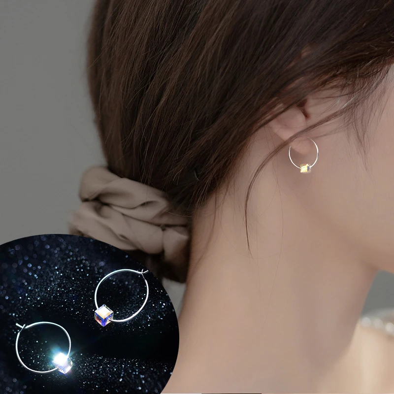 Modian Dazzling Big Square Rainbow Crystal Hoop Earrings For Women Swing Classic Hoops Ear 925 Sterling Silver Fashion Jewelry