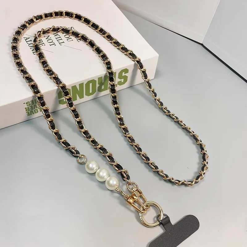 Parel lederen ketting mobiele telefoon riem lang crossbody anti-verlies schouderkoord met metalen hanger voor dames