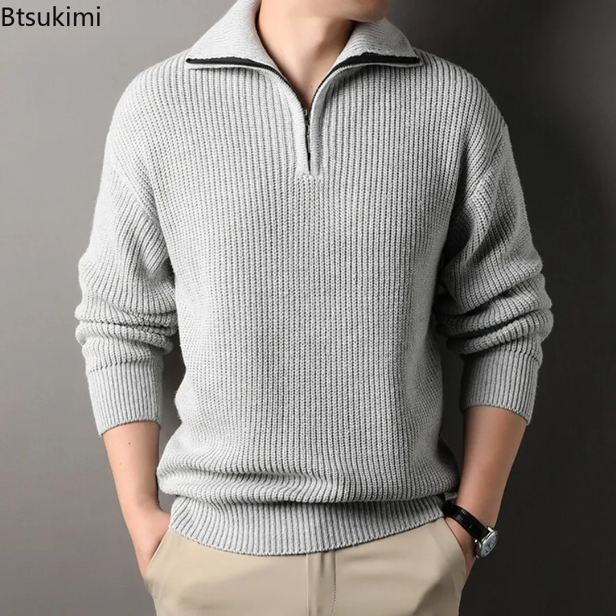 

Fall Winter Men's Thick Warm Knitted Sweaters Korea Style Half Turtleneck Zipper Pullovers Casual Vintage Knitwear Men Sweaters