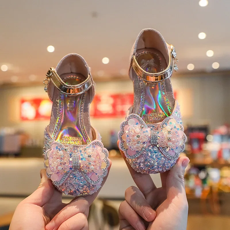 Girls' Sandals Crystal Princess Shoes Spring/Summer New Girls' Leather Shoes Versatile Headed Half Sandals girl shoes